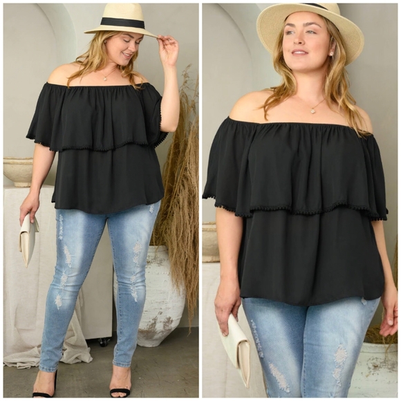 LAST ONE❗️PEACH LOVE CALIFORNIA Plus Size Black Off Shoulder Flounce Top - Picture 2 of 6